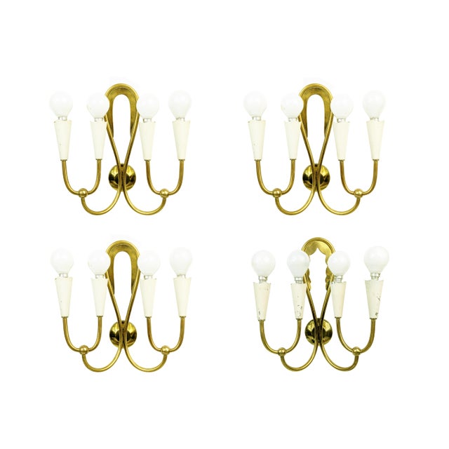 Ivory Metal and Brass Four-Light Wall Lamps, 1950s, Set of 4 For Sale - Image 18 of 18