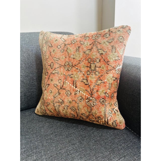 2020s Vintage Turkish Isparta Rug Pillow Cover 16x16 – Rust Orange Wool Cushion Boho For Sale - Image 5 of 11