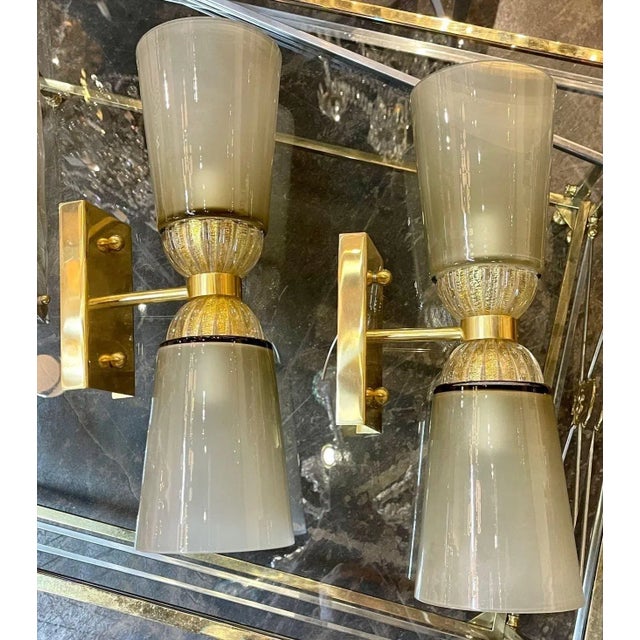 Metal Pair of Modern Murano Glass and Brass Double Blown Sconces For Sale - Image 7 of 7
