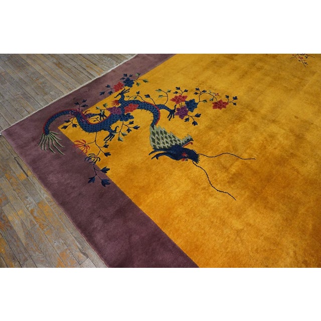 Fabulous Yellow Background and Purple Mauve Color Border With Animalistic Design Antique Chinese Art Deco Rug For Sale - Image 4 of 7