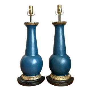 Vintage Blue Gilt Accented Table Wood Half Lamps - Pair For Sale