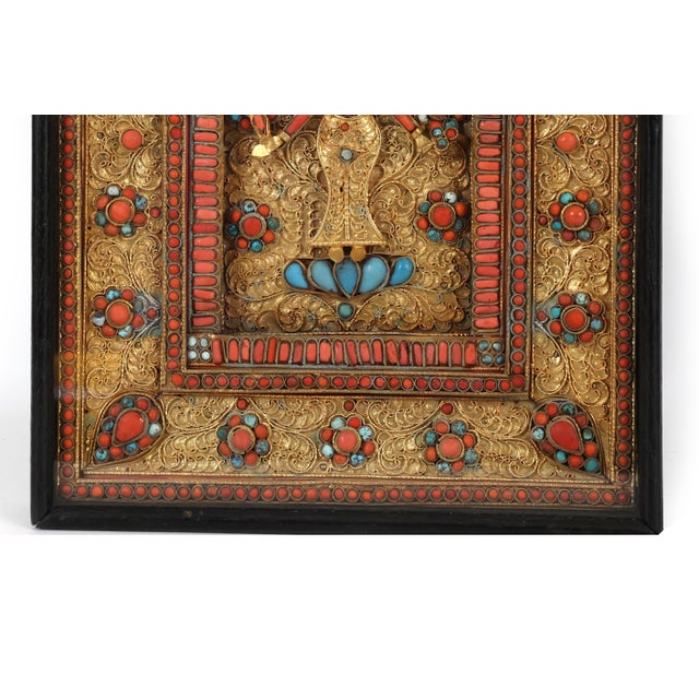Mid 20th Century Nepalese Gilt Filigree Plaque With Coral and Turquoise Inlay Deity Art For Sale - Image 5 of 7