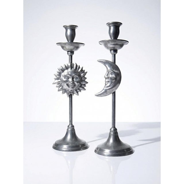 Vintage Silver-Plated Pewter Sun and Moon Handcrafted Candlesticks, 1960s, Set of 2 For Sale - Image 14 of 14
