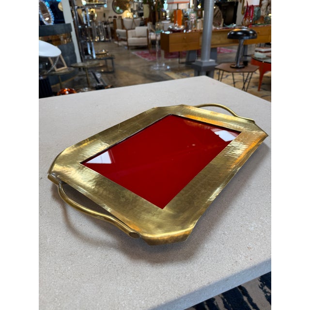 1960s Italian Hammered Brass and Red Lacquer Serving Tray, Mid-Century For Sale - Image 5 of 7