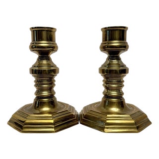 Vintage Georgian Style Pair of Solid Brass 7.25” Candlesticks Octagonal Base A3. For Sale