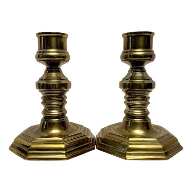 Vintage Georgian Style Pair of Solid Brass 7.25” Candlesticks Octagonal Base A3. For Sale