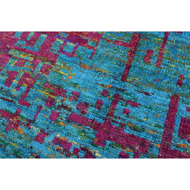 Abstract Rug 5'6'' X 8' Blue Purple Viscose Contemporary Hand-Knotted Carpet For Sale - Image 4 of 12