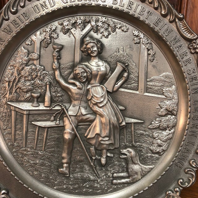 High quality collector’s embossed pewter decorative plate. German. Martin Luther famous quote. “He Who Loves Not Wine,...