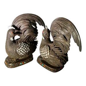 Mid 19th Century Chinese Mongolian Style Silver Roosters - a Pair