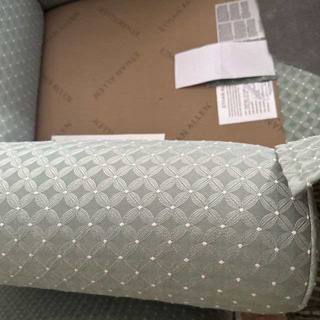 Ethan Allen Skirted Swivel Rocking Lounge Chair & Rolling Ottoman Set With Custom Fabric For Sale In Providence - Image 6 of 11