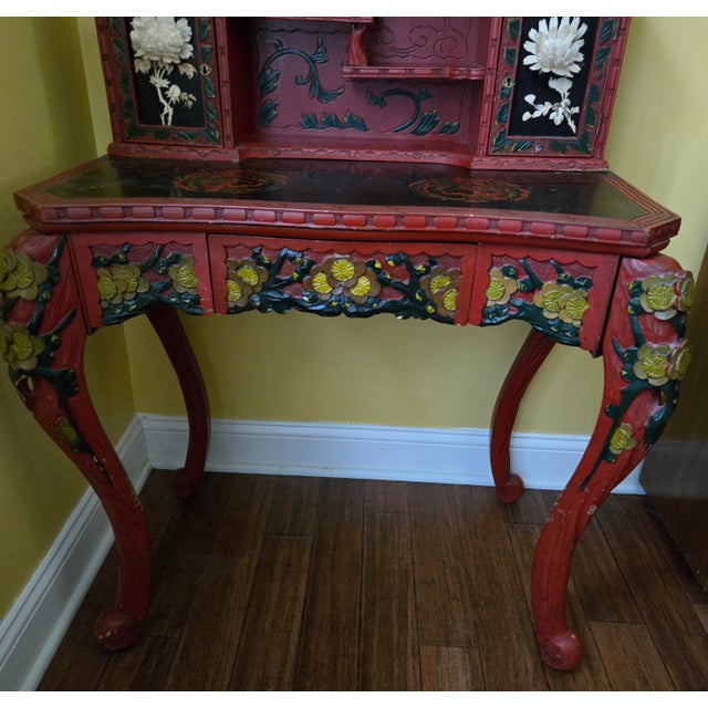 Early 20th Century Japanese Red Lacquer Kamakura-Bori Writing Desk and Chair Set Beautiful Floral Motif For Sale - Image 14 of 18