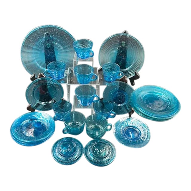 Vintage Mexican Blue Art Glass Dessert or Appetizer Set- 30 Pieces For Sale