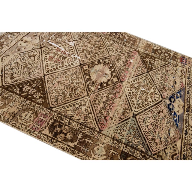 Textile 1960s Vintage Distressed Handmade Floral Beige Wool Rug For Sale - Image 7 of 9