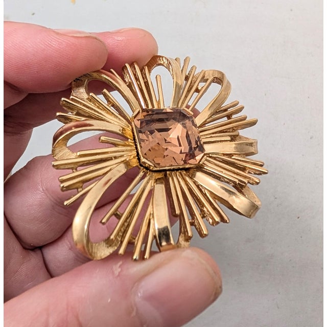 Metal Vintage Circa 1965 Signed Crown Trifari Faux-Topaz Brooch For Sale - Image 7 of 8