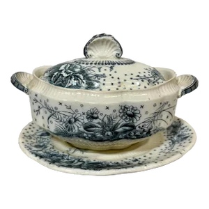 Antique Sampson Hancock Aesthetic Movement Small Tureen With Drip Plate in the Blue Poppy Floral Pattern From England - Circa 1885