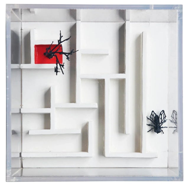 Modern surrealist mixed media sculpture by Houston artist Bob Fowler. The work features a pair of metal fly and tree...