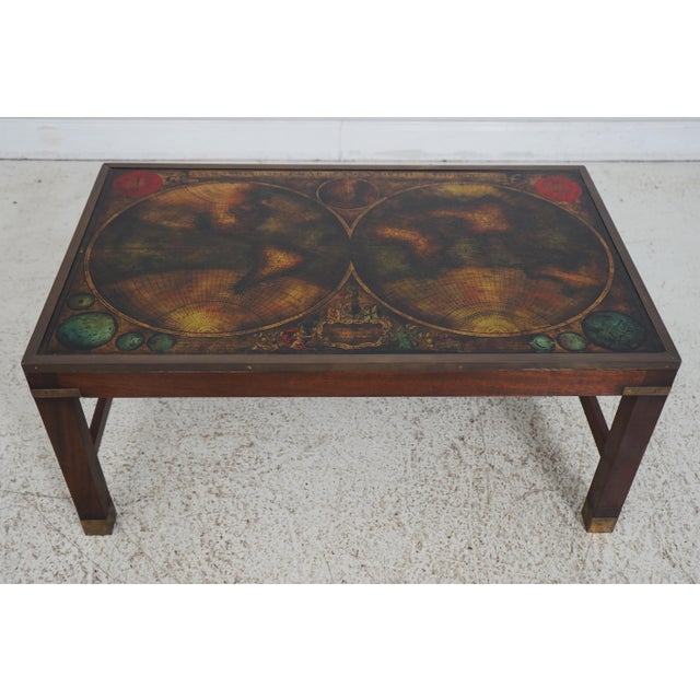 Campaign Style Reverse Painted Glass Top World Map Coffee Table | Chairish