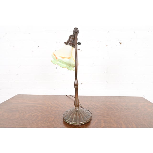 Tiffany Studios New York Bronze Harp Desk Lamp With Pulled Feather Favrile Glass Shade For Sale - Image 11 of 15