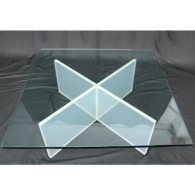 Frosted Lucite X-Base Glass Top Square Coffee Table For Sale - Image 6 of 12