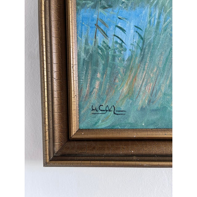 This large original vintage oil painting, from around 1960, shows two hunting dogs moving through tall grass in an open...