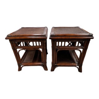 Bamboo and Grasscloth Two Tier Side Table - a Pair For Sale