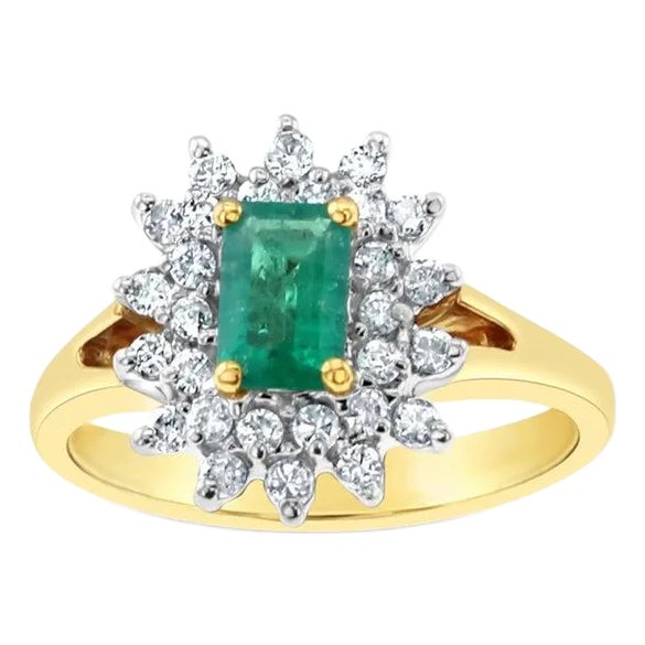 One Carat Emerald & Diamond Halo Engagement Ring, Size 6.25 For Sale