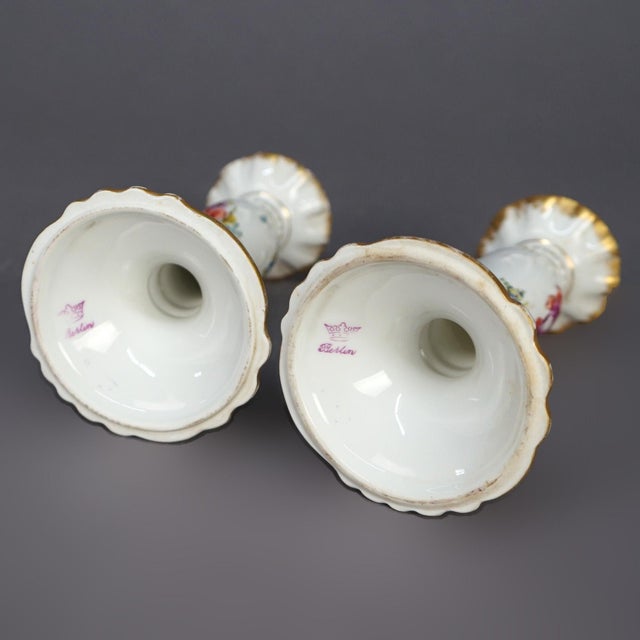 Ceramic Antique German Hand Painted & Gilt Floral Porcelain Candlesticks, Berlin 1900 For Sale - Image 7 of 9