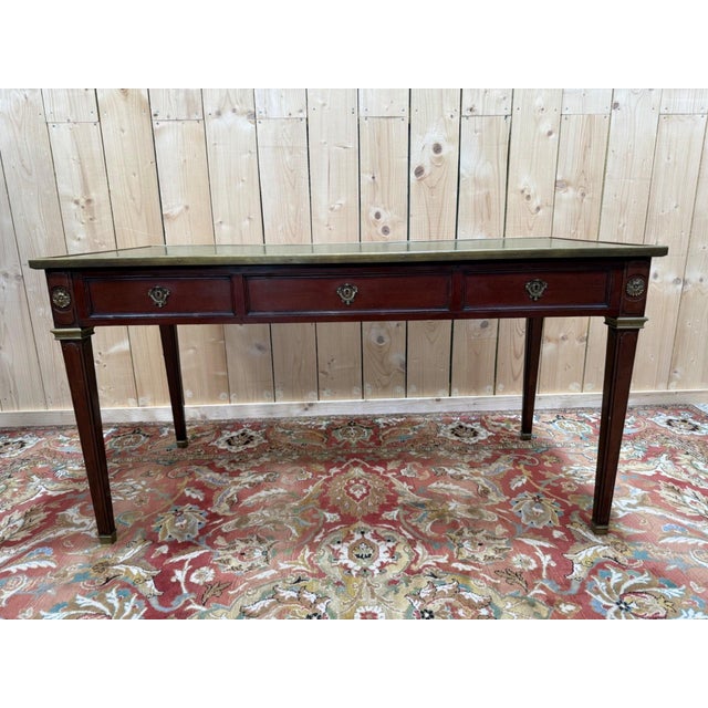 Metal Louis XVI Style Flat Desk in Mahogany and Green Leather, 1950s For Sale - Image 7 of 9