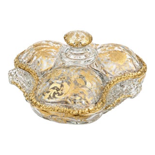 Vintage Gold Gilt & Glass 3-Section Divided Candy Dish With Lid For Sale