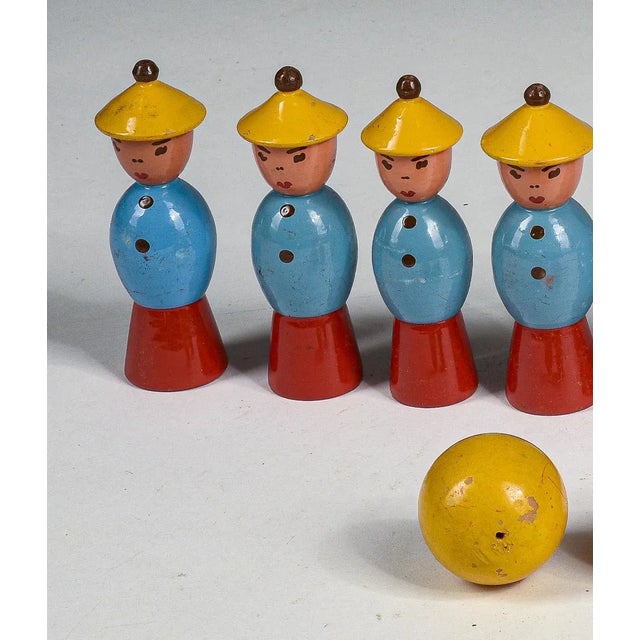 Toy Bowling Game with Figures in Yellow Hats and Balls, 1940s, Set of 12 For Sale - Image 3 of 9