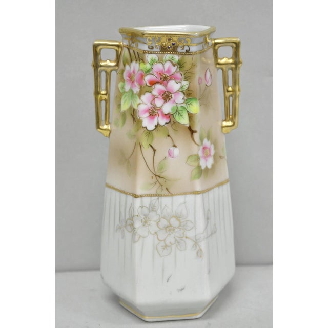 Antique Nippon Twin Handled Pink Hand Painted Porcelain Hexagon Gold Rimmed Vase For Sale - Image 13 of 13