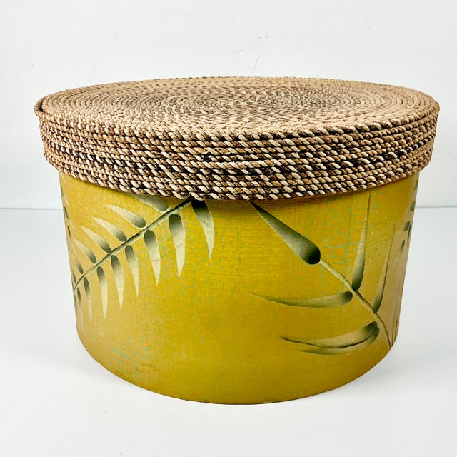 Mustard 1990s Vintage Coastal Boho Chic Wicker Lidded Bamboo Leaf Motif Storage Box, Large For Sale - Image 8 of 9
