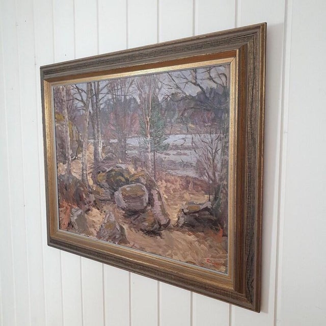 A quiet and atmospheric Swedish landscape painting by Gunnar Svenson, dated 1971 and titled Tidig vårdag (“Early Spring...