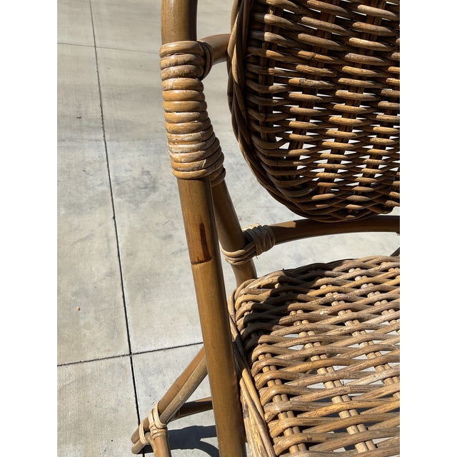 Wood Pair of Vintage French Bistro Bar Stools With Oval Medallion Backs in Honey Woven Rattan For Sale - Image 7 of 12