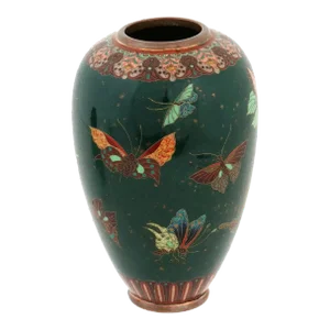 Antique Meiji Japanese Cloisonne Enamel Green Gold Stone Butterflies Vase