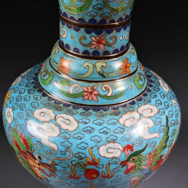 Pair of Cloisonne Enamel Vases – 11.8" Dragon & Phoenix Baluster Form With Qianlong Mark For Sale In Los Angeles - Image 6 of 9
