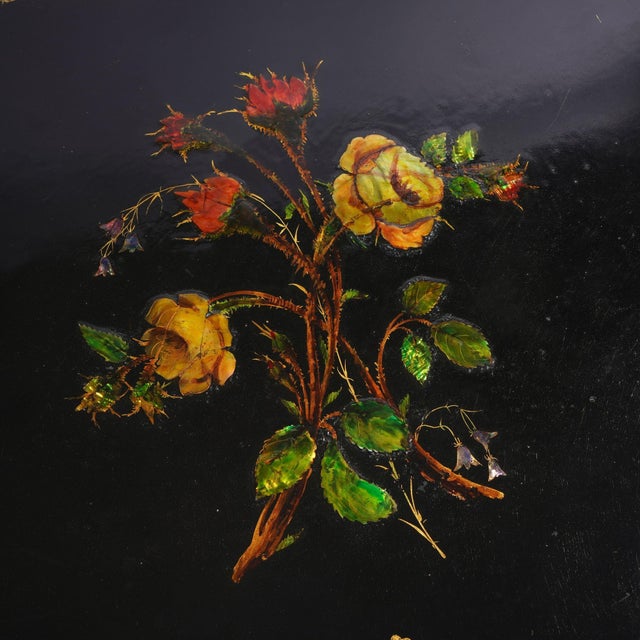 English Tole Tray With Rose Decoration and Mother of Pearl Inlay, C. 1845 For Sale - Image 4 of 11