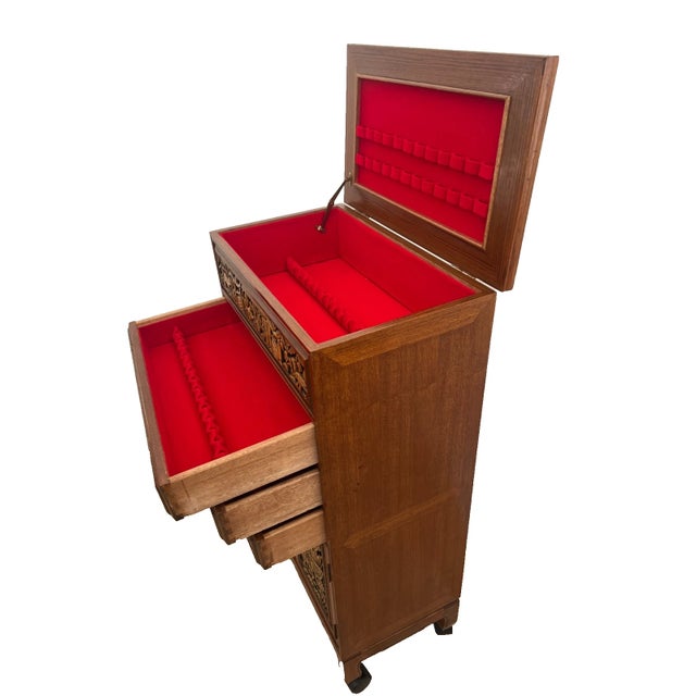 Brown 1970s Mid Century Chinese Cabinet, Silverware Storage, Three Drawer's Hand Carved For Sale - Image 8 of 17