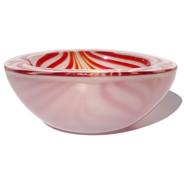 Mid-Century Modern Murano Vintage Red Orange White Opalescent Psychedelic Optic Swirl Italian Art Glass Bowl For Sale - Image 3 of 5