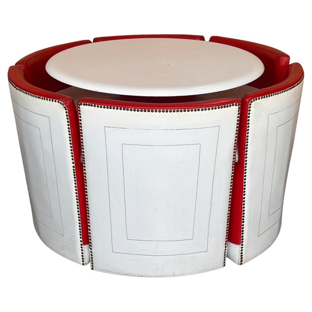 Set of Vintage Round table with Six Chairs in Red and White Leather For Sale - Image 10 of 18