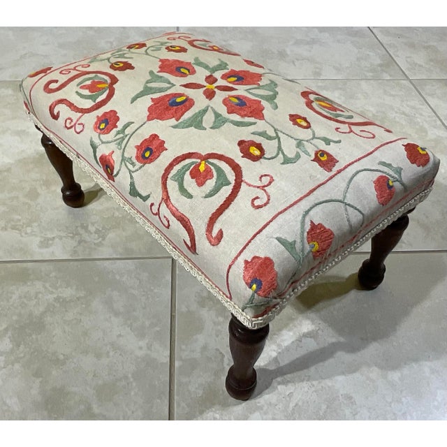Antique Suzani Embroidered Footstool – Silk Hand-Stitched Needlepoint For Sale - Image 4 of 14