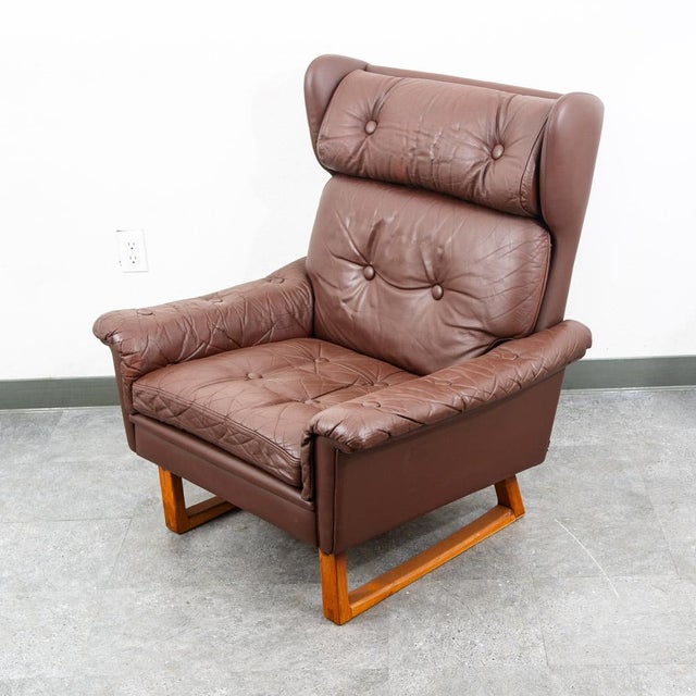 1960s Mid Century Danish Modern Lounge Chair Wingback Brown Leather High Back Armchair For Sale - Image 9 of 11