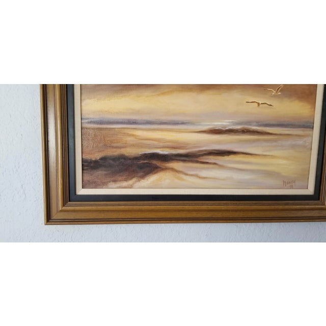 Brown 1974 Nancy Sunset Landscape W/ Flying Birds Abstract Painting For Sale - Image 8 of 11