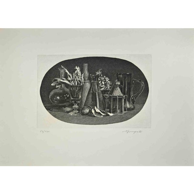 Still Life is a print in etching technique on paper by Vairo Mongatti, in the 1970s. Hand-signed and numbered, 63/120...