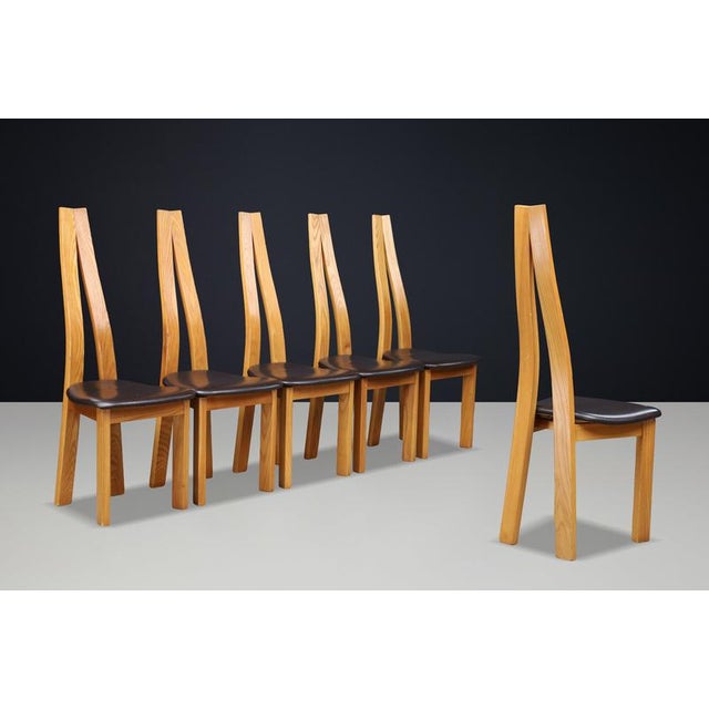 Sculptural Elm and Black Leather Dining Chairs, France, 1970s, Set of 6 For Sale - Image 14 of 17