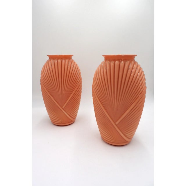 Pair of 1980s Art Deco Revival Peach Draped Vases With Geometric Accents by Anchor Hocking For Sale - Image 6 of 10