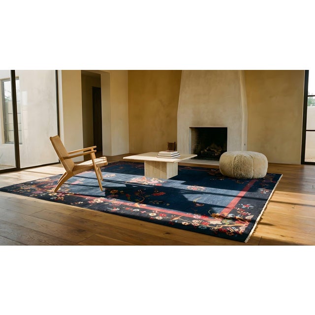 1920s Blue Navy Floral Vase Antique Chinese Art Deco Rug 8'9" X 11'6" Knotted Wool Carpet For Sale - Image 12 of 12