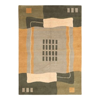 6'x9' Hand-Knotted Modern Arts & Crafts Wool & Silk Geometric Rug in Green, Yellow & Ivory For Sale