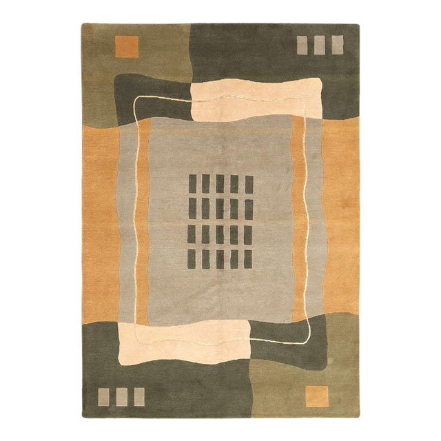 6'x9' Hand-Knotted Modern Arts & Crafts Wool & Silk Geometric Rug in Green, Yellow & Ivory For Sale