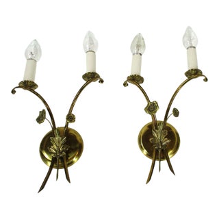 Pair of 1940s-50's Swedish Wall Sconce Lights Made of Brass Ornamental Flower Decorations For Sale